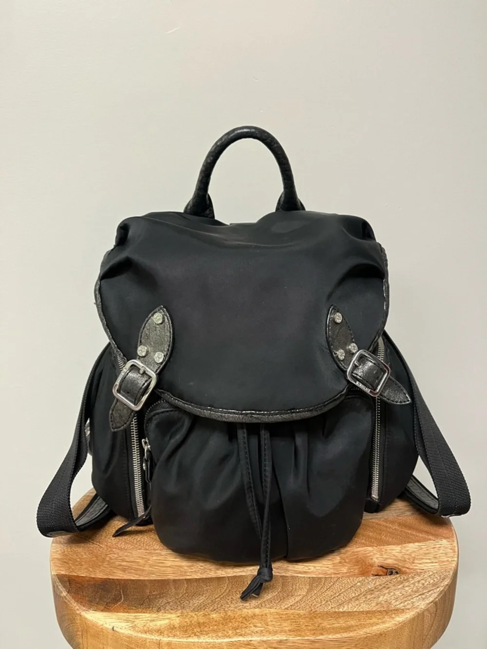 MZ Wallace Marlena Black Nylon Backpack w/ Leather Trim